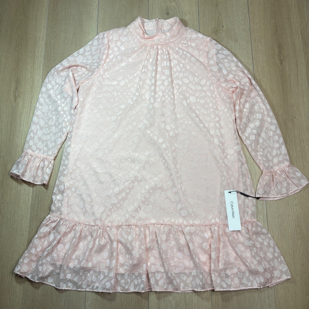 Calvin Klein Pink Burnout Ruffle Hem Mock Neck Dress NWT Fairy Sheer Romantic